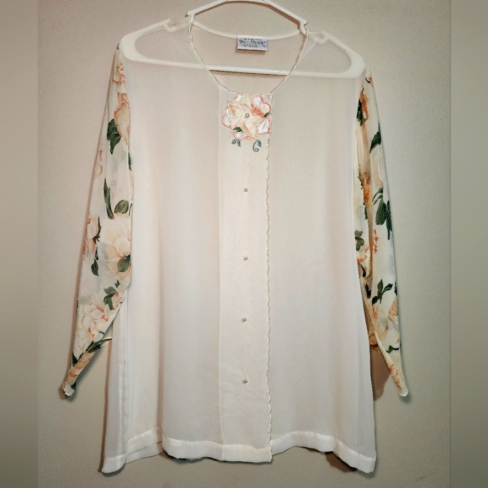 Val Mode Floral Sheer‎ Blouse Button Down Long Sleeve Top  Size Large